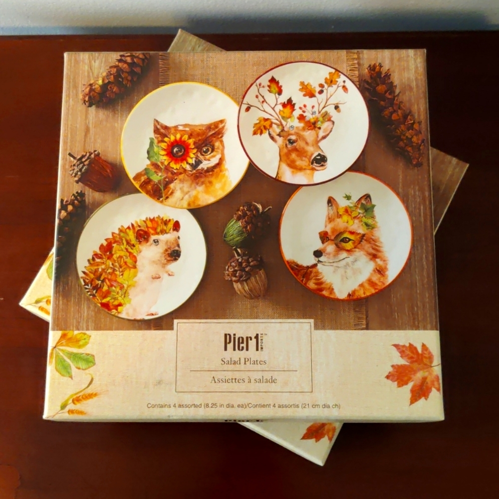 Pier 1 Fall Woodland Creatures 4 pc Salad Plate Set BNIB